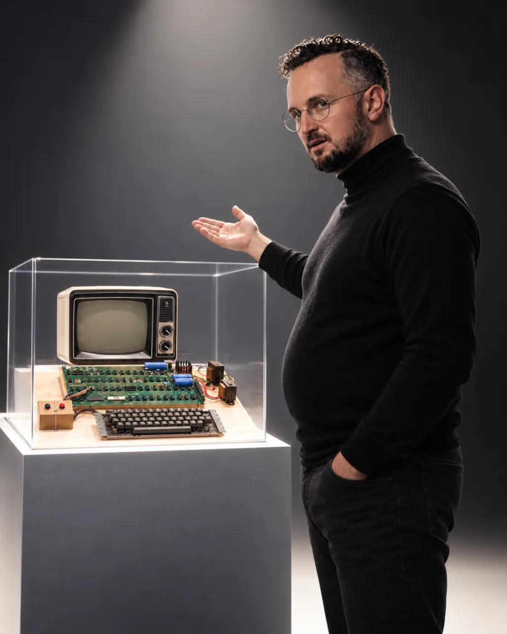 Michael presenting the original Shop computer in a museum display case